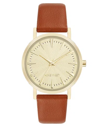 Nine West Women's Quartz Signature Brown Leather And Gold-tone Watch, 34mm