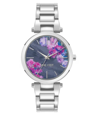 Nine West Women's Quartz Silver-tone Metal Alloy Blue Floral Dial Watch, 36mm In Light Blue,silver-tone