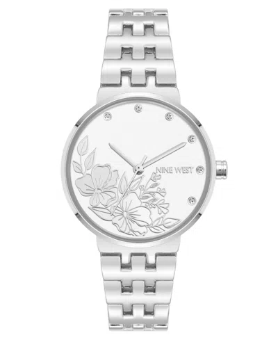 Nine West Women's Quartz Silver-tone Metal Alloy Embossed Floral Dial Watch, 32mm