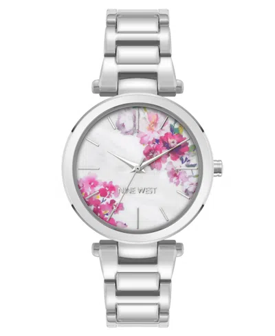 Nine West Women's Quartz Silver-tone Metal Alloy White Floral Dial Watch, 36mm In White,silver-tone