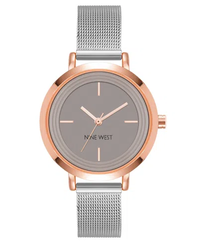 Nine West Women's Quartz Silver-tone Stainless Steel Mesh Band Watch, 34mm In Taupe,silver-tone,rose Gold-tone