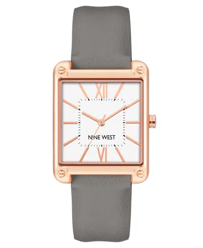 Nine West Women's Quartz Square Gray Faux Leather Band Watch, 29mm In Gray,rose Gold-tone