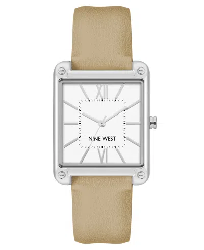 Nine West Women's Quartz Square Tan Faux Leather Band Watch, 29mm In Tan,silver-tone