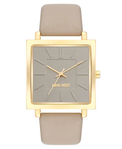 Nine West Women's Quartz Square Taupe Faux Leather Band Watch, 35mm In Tan,gold-tone
