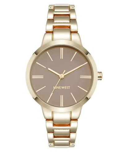 Nine West Women's Quartz Tan And Gold-tone Metal Alloy Bracelet Watch, 34mm In Tan,gold-tone
