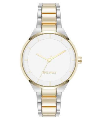 Nine West Women's Quartz White And Two-tone Metal Alloy Watch, 34mm In Silver-tone,gold-tone