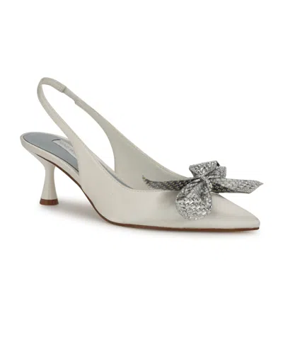 Nine West Women's Rills Bridal Pointy Toe Dress Slingback Pumps In White Satin