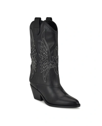 Nine West Women's Ringer Block Heel Pointy Toe Western Boots In Black Faux Leather-polyurethane