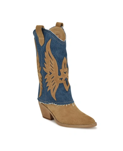 Nine West Women's Ringer Block Heel Pointy Toe Western Boots In Caramel Suede,blue Denim- Suede,textil