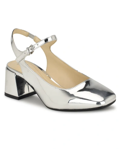 Nine West Women's Roslin 9x9 Block Heel Square Toe Dress Pumps In Silver Mirror Metallic - Manmade