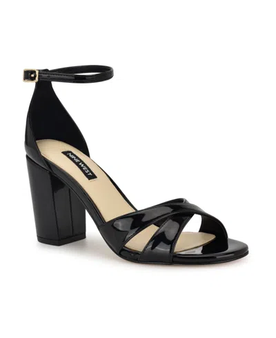Nine West Women's Saile Criss-cross High Block Heel Sandals In Black Patent