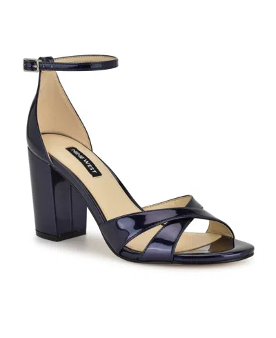 Nine West Women's Saile Criss-cross High Block Heel Sandals In Navy Mirror Metallic