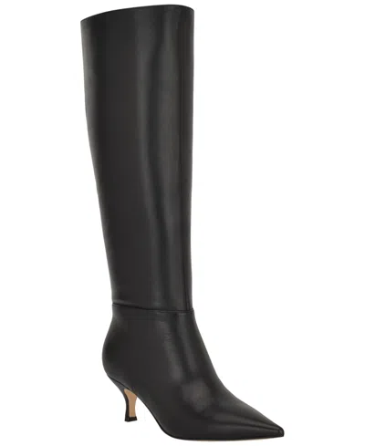 Nine West Women's Somas Tall Wide Calf Kitten Heel Dress Boots In Black Leather