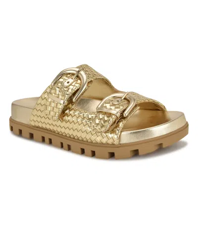 Nine West Women's Tindy Woven Buckle Straps Flat Sandals In Gold