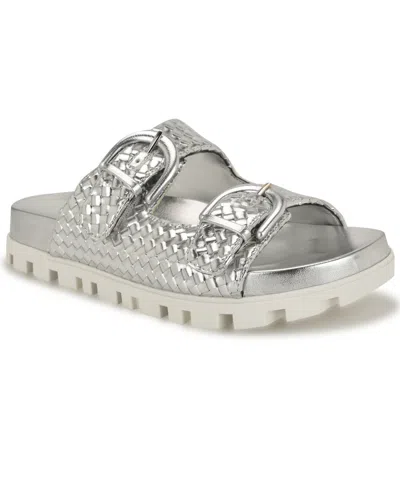 Nine West Women's Tindy Woven Buckle Straps Flat Sandals In Silver