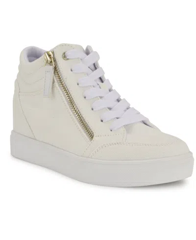 Nine West Women's Tons High Top Hidden Wedge Sneakers In White Canvas