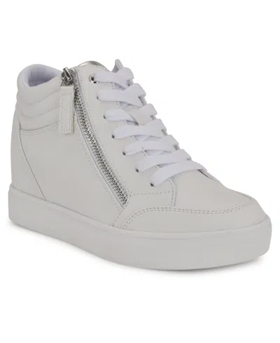 Nine West Women's Tons High Top Hidden Wedge Sneakers In White,silver