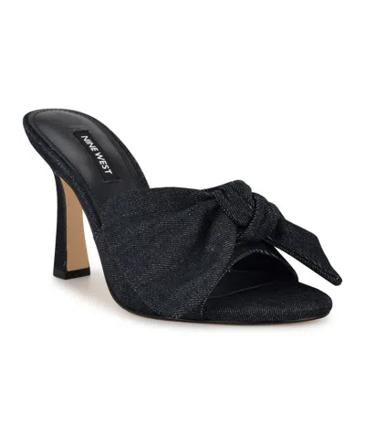 Nine West Women's Trina Bow Tapered Heel Slip-on Sandals In Dark Blue Denim