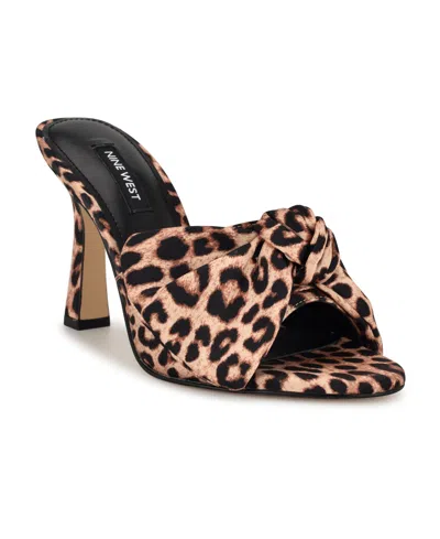 Nine West Women's Trina Bow Tapered Heel Slip-on Sandals In Leopard Satin