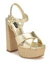 Nine West Womens Buckle Manmade Platform Heels In Gold- Faux Leather- Polyurethane