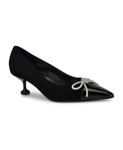 Nine West Wendon Pointed Cap Toe Kitten Heel Pump In Black Suede Multi