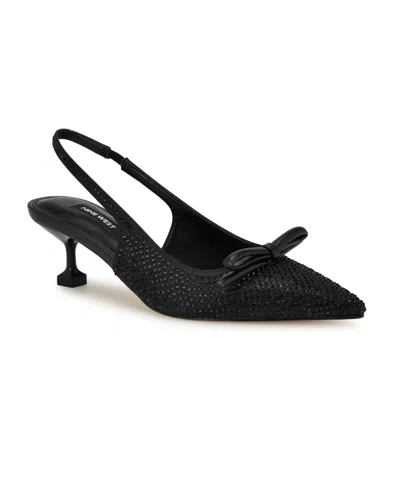 Nine West Wunder Slingback Pointed Toe Kitten Heel Pump In Black Satin