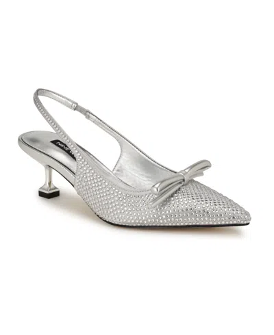 Nine West Wunder Slingback Pointed Toe Kitten Heel Pump In Silver Satin
