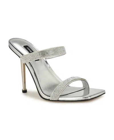 Nine West Women's Yogirl Square Toe Slip-on Dress Sandals In Silver Shimmer