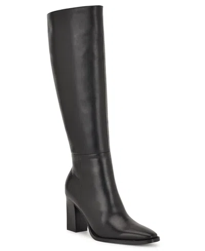 Nine West Women's Zazz Tall Block Heel Dress Boots In Black Leather