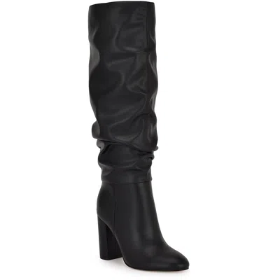Nine West Womens Block Heel Faux Leather Knee-high Boots In Black Smooth