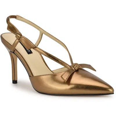 Nine West Womens Metallic Faux Leather Slingback Heels In Bronze