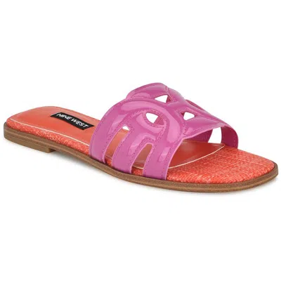 Nine West Womens Padded Insole Manmade Slide In Dark Neon Pink Patent - Faux Patent Leat