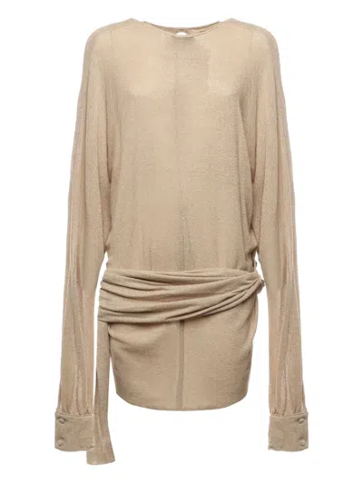 Nineminutes Draped Long-sleeve Short Dress In Gold