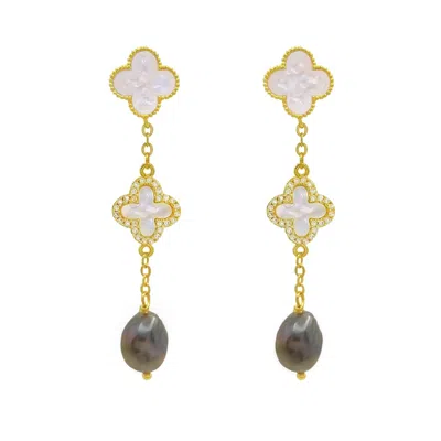 Ninemoo Women's Black / Gold Lucky Clover Black Pearl Earrings