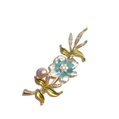 Ninemoo Women's Blue Pearl Enamel Lily Brooch