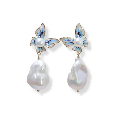 Ninemoo Women's Blue / White Baroque Pearl Enamel Butterfly Earrings