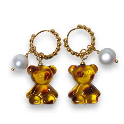 Ninemoo Women's Gold / Brown Brown Bear With Pearl Earrings