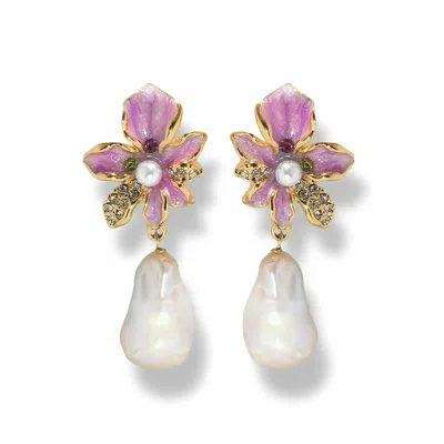 Ninemoo Women's Gold / Pink Iris Bloom Earrings In Multi