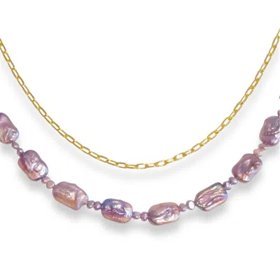 Ninemoo Women's Gold / Pink / Purple Rectangular Pearl Versatile Sweater Necklace