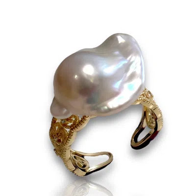 Ninemoo Women's Gold / White Mermaid Tail Baroque Pearl Ring