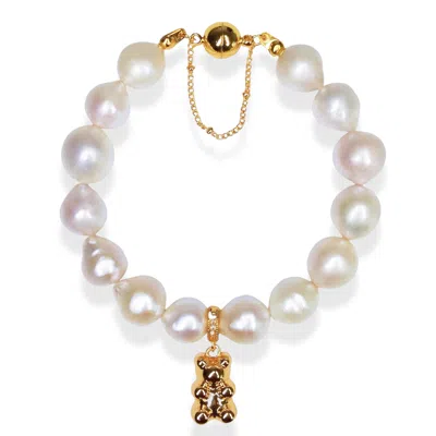 Ninemoo Women's Gold / White Pearl Bear Charm Bracelet