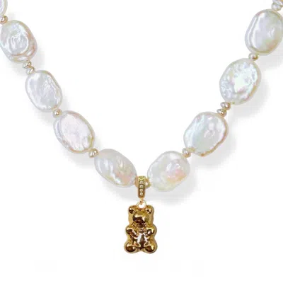 Ninemoo Women's Gold / White Rectangular Pearl & Bear Pendant Necklace - Gloden