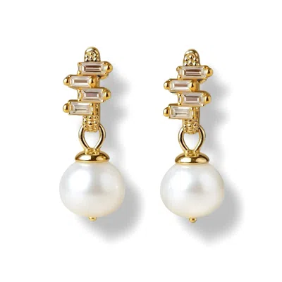 Ninemoo Women's Gold / White Sapphire Accent Pearl Drop Earrings
