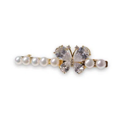 Ninemoo Women's Gold / White Zirconia Butterfly Pearl Spring Hair Clip