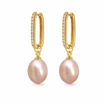 Ninemoo Women's Pink Gleaming Zircon Pearls Earrings - Gold