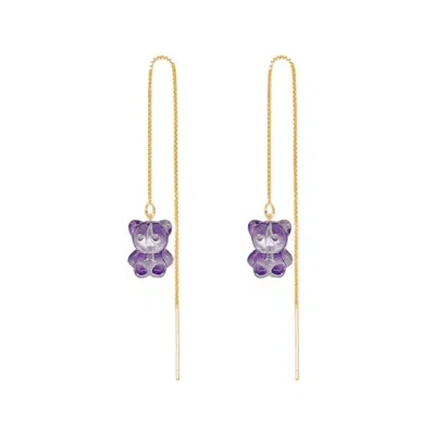 Ninemoo Women's Pink / Purple Crystal Bear Threader Earrings - Purple
