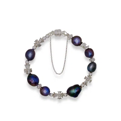 Ninemoo Women's Silver / Black Natural Black Pearl Cross Bracelet