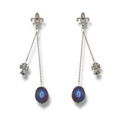 Ninemoo Women's Silver / Black Natural Black Pearl Cross Earrings In Multi