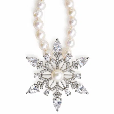Ninemoo Women's Silver Fleur De Givre Pearl Brooch Pendant - Necklace