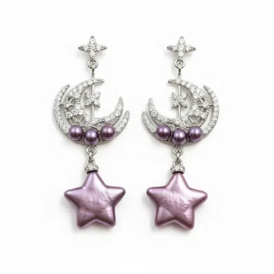 Ninemoo Women's Silver Moonlit Bloom  Violet Star Pearl Earrings In Multi